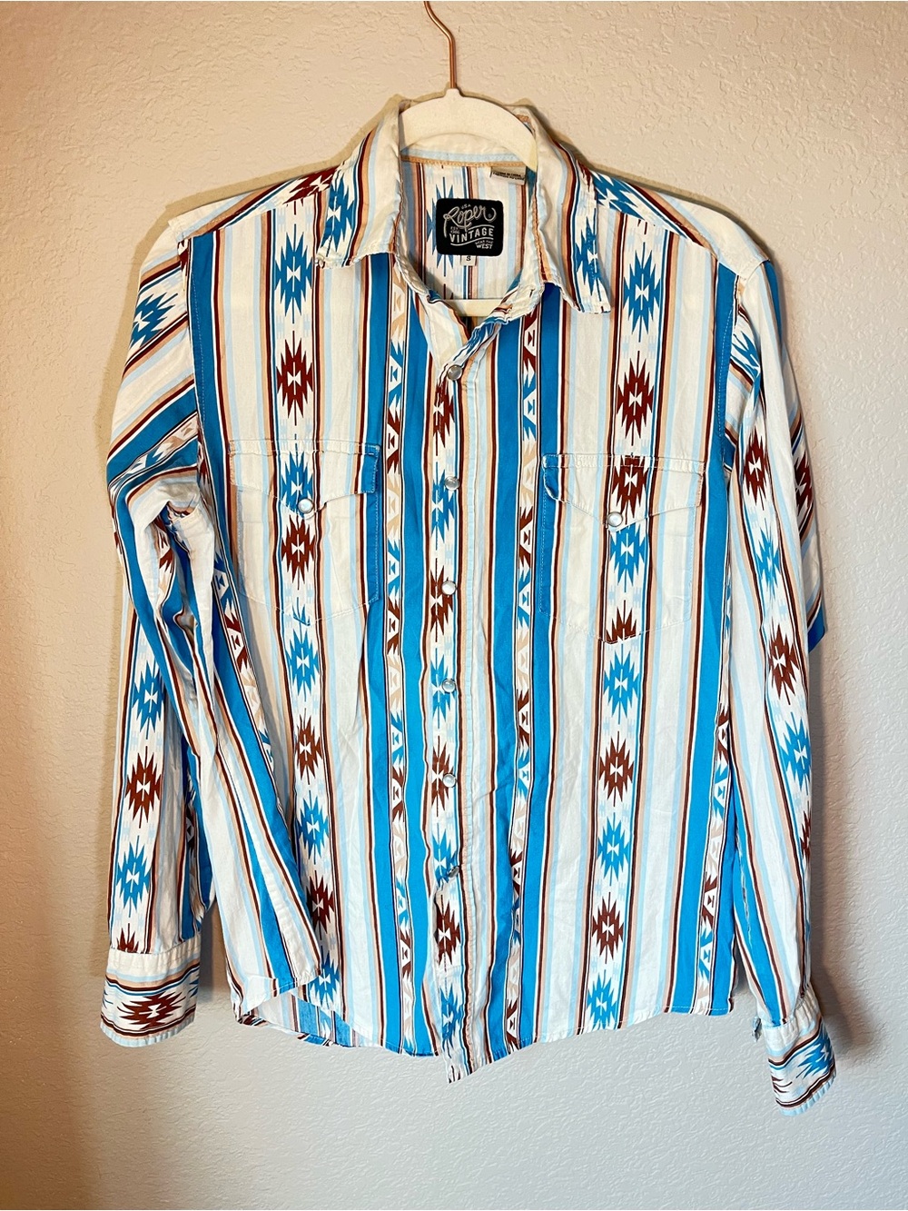 Roper Vintage Western Pearl Snap Shirt Men's Small Blue Aztec Southwestern Strip